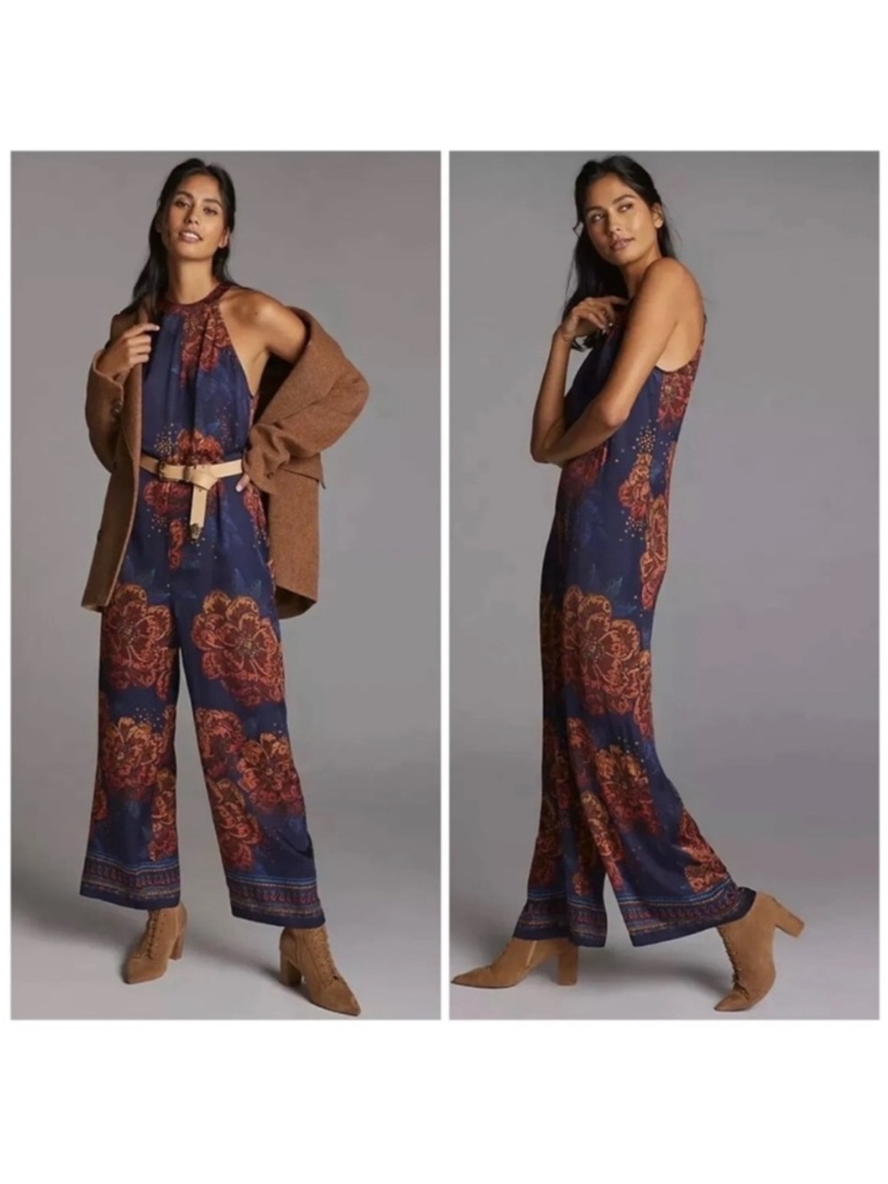FARM Rio Navy and Rust Floral Halter Jumpsuit.